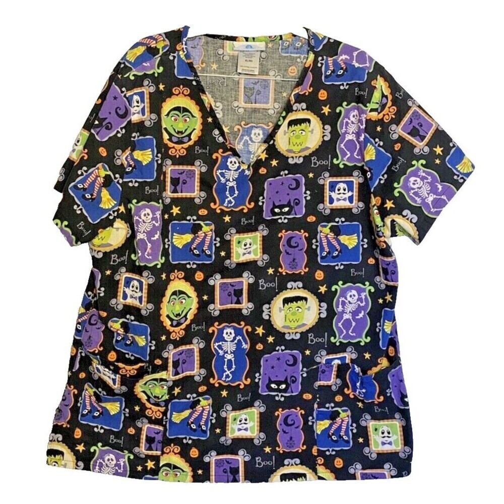 SB Scrubs Womens Halloween Scrub Top Size XL Short Sleeve Pockets